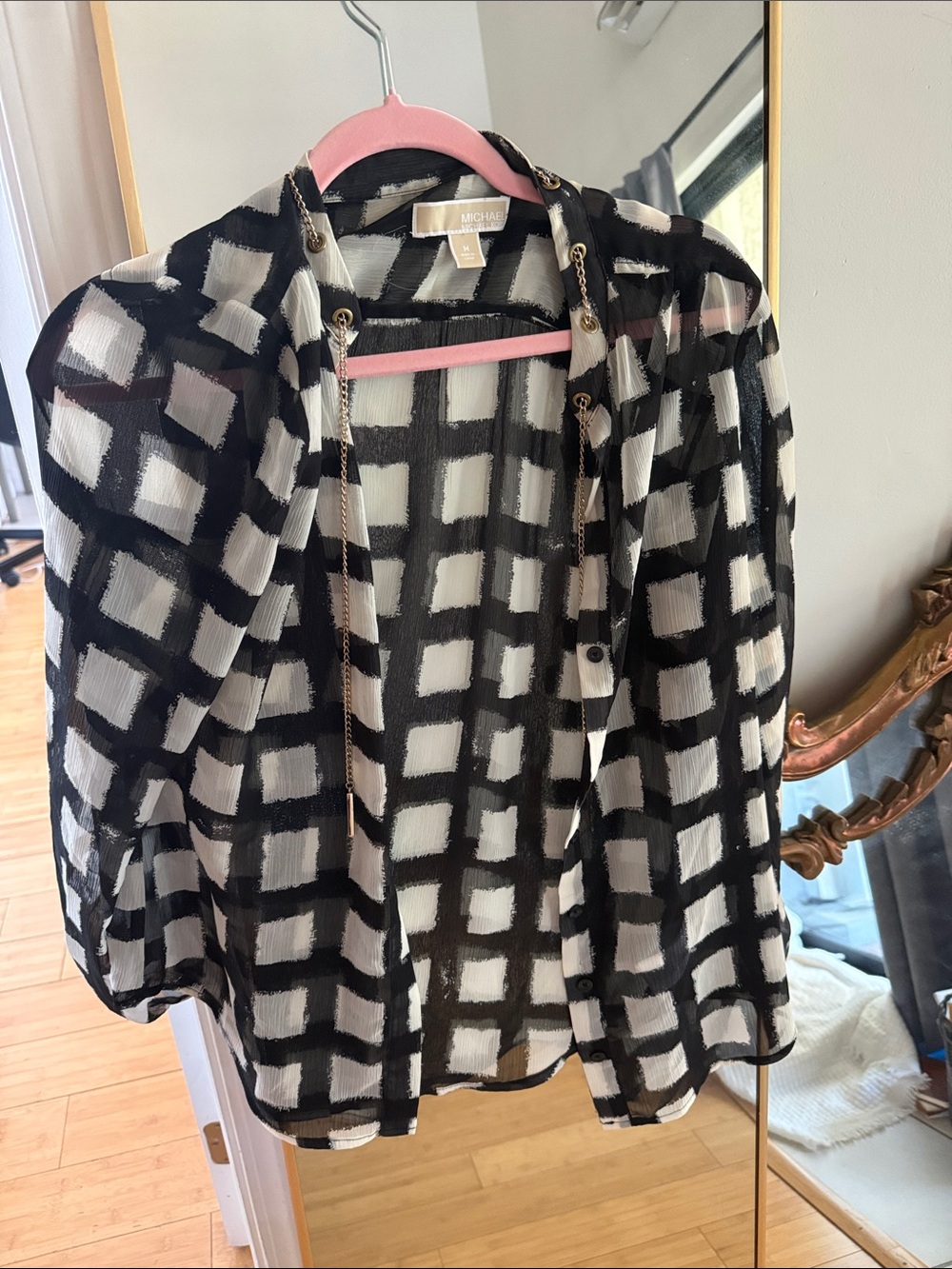 Michael Kors Black and White Grid-Pattern Sheer Blouse with Chain Detail